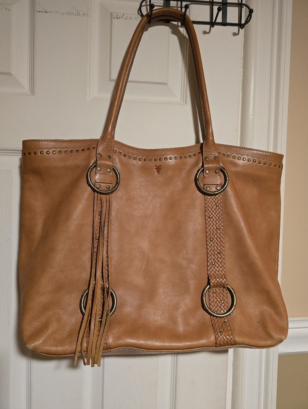 Frye Caramel Tan Leather Tote with Braided Strap & Tassel